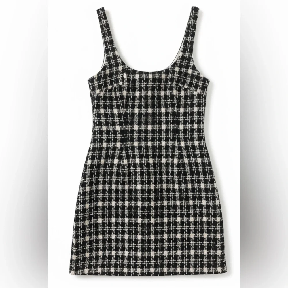Urban Outfitters Black & White Mini Dress UO Lily Check Tweed Print Form Fitting - Picture 4 of 9